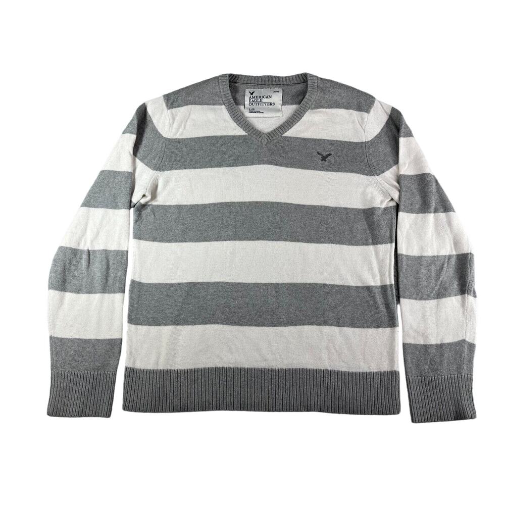 American Eagle Sweater Men Large White Gray Striped Long Sleeve Number 77 V-Neck
